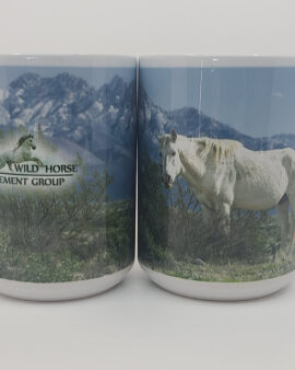 A mug printed with the Salt River wild horse, Shadowfax in front of the Four Peaks. The Salt River Wild Horse Management Group logo is super imposed on one side.