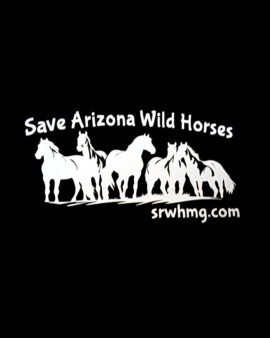 White decal featuring 5 drawn horses, text that reads "Save Arizona Wild Horses", and the website url srwhmg.com