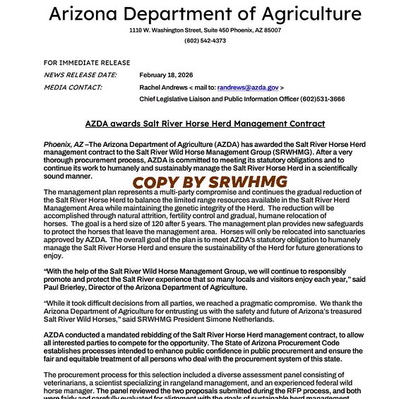 BREAKING: FOR IMMEDIATE RELEASE: Salt River Wild Horse Management Group awarded AZDA Contract with New Herd Management Plan