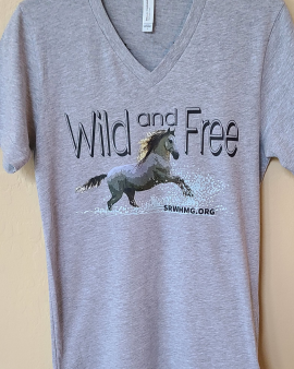 Grey v-neck t shirt with an image of the grey horse as seen on the SRWHMG logo. Large text reads: Wild and Free. Small text reads: SRWHMG.org